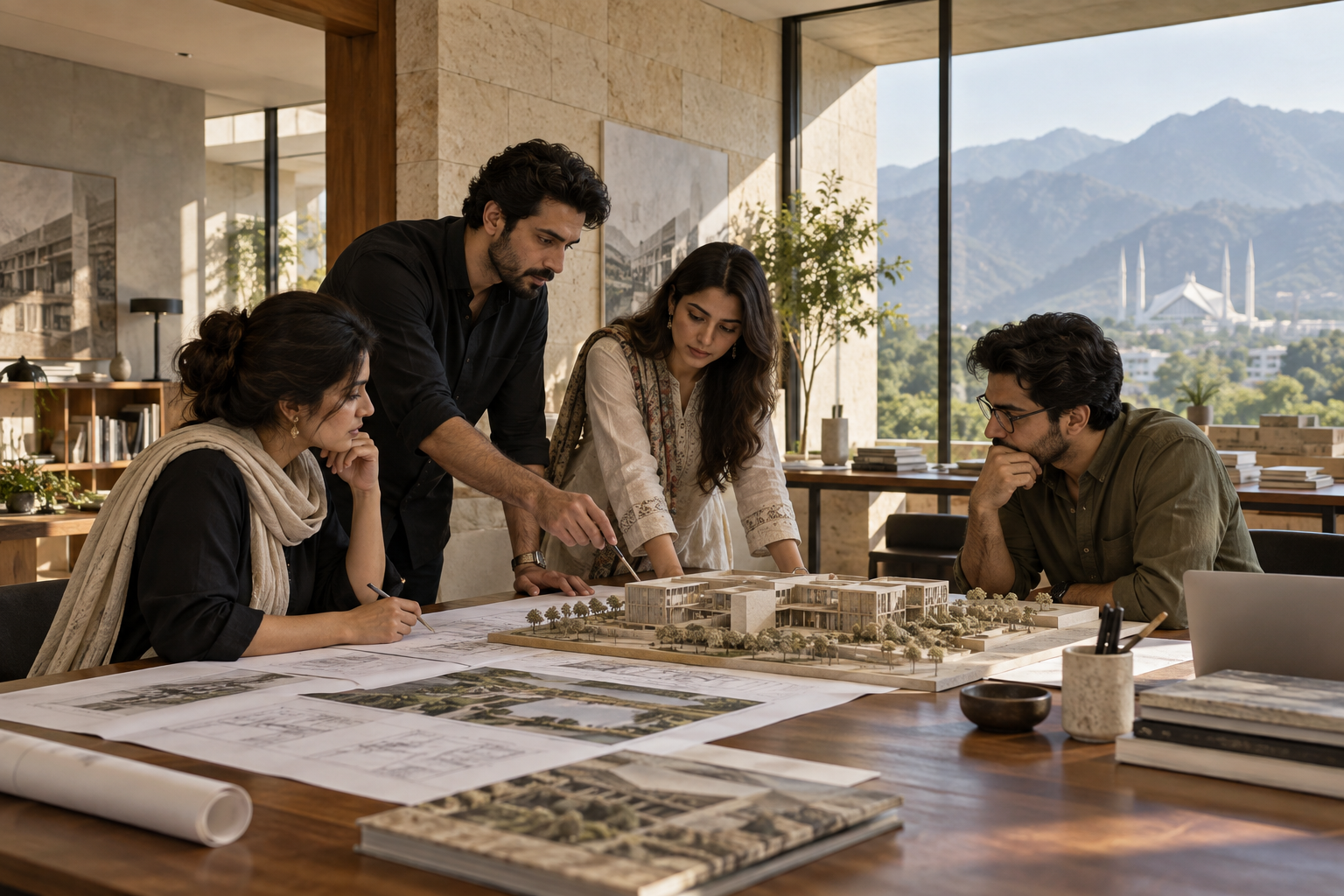 Architects collaborating around a design model